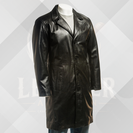 Men's Black Single Breasted Leather Trench Coat