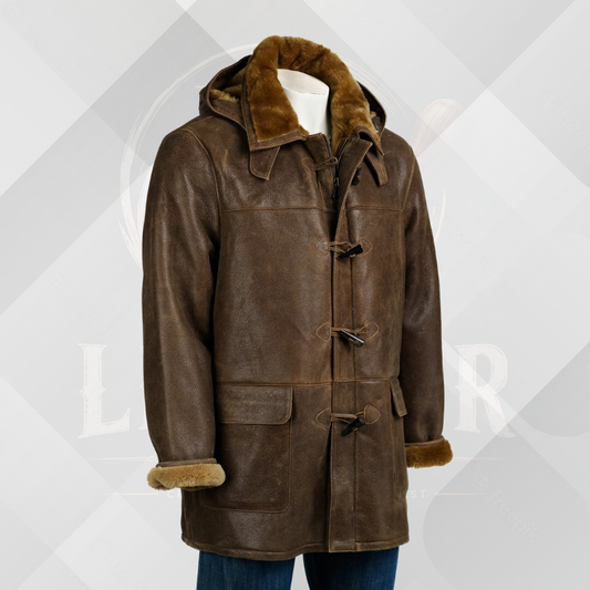Men's Antique Camel Shearling Duffle Coat with Hood