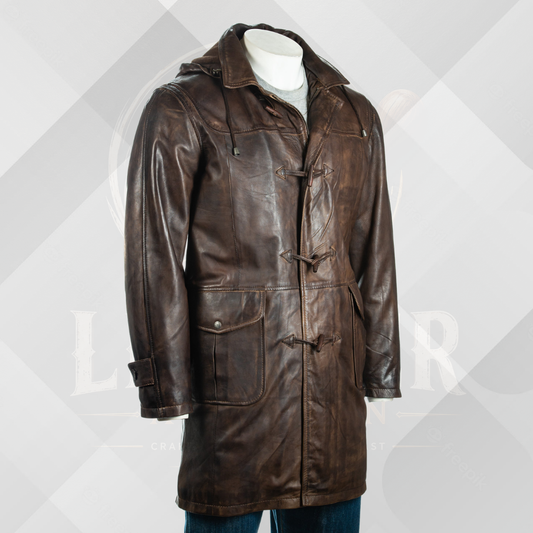 Men's 3/4 Dark Brown Leather Coat with Removable Hood