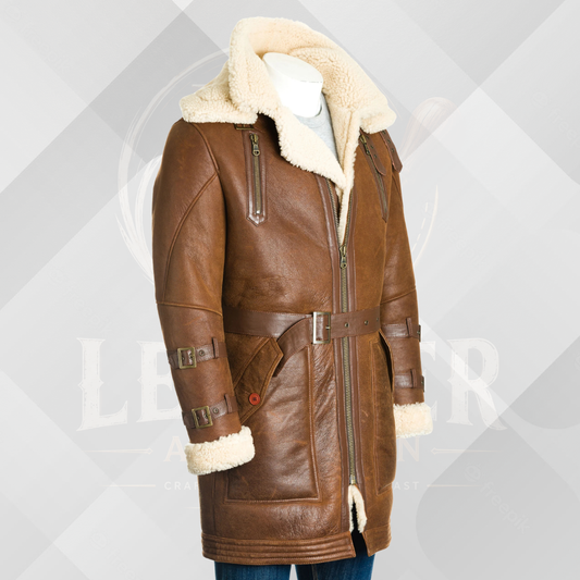 Men's Handmade Tan Sheepskin Leather Trench Coat