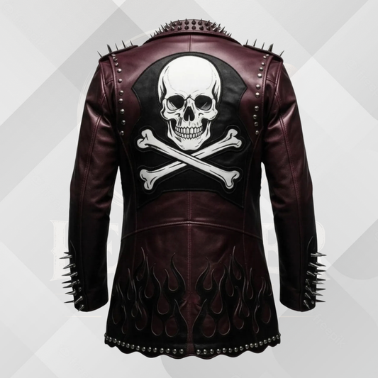 Men's Studded Skull Leather Biker Jacket – Handmade Burgundy & Black Punk Motorcycle Jacket