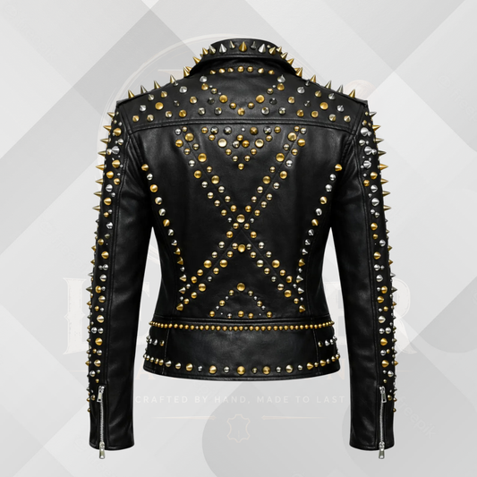 Men's Luxury Studded Leather Motorcycle Jacket – Black Punk Biker Coat with Gold Spikes