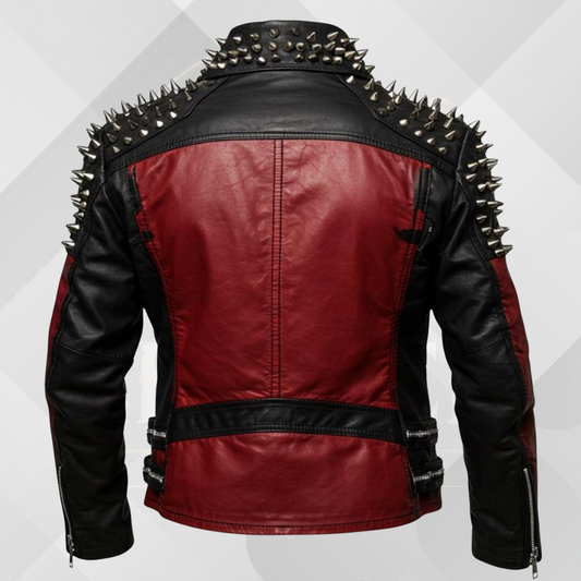Men's Black Spiked Leather Biker Jacket – Handmade Cowhide Punk Rock Motorcycle Coat
