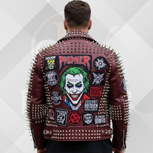Men's Burgundy Studded Cowhide Leather Biker Jacket