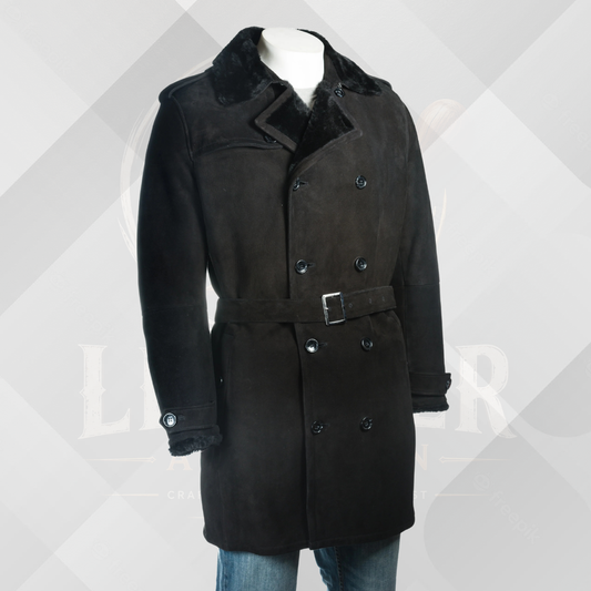 Men's Black Sheepskin Double Breasted Suede Coat