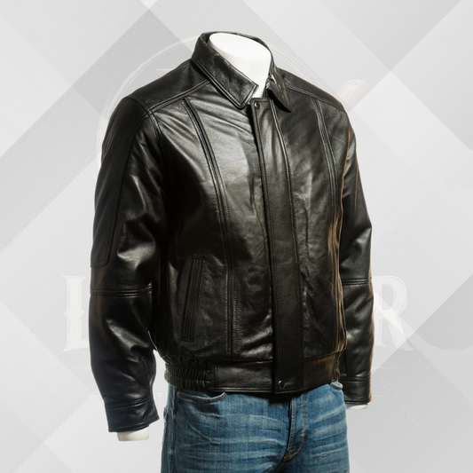 Men's Black Genuine Leather Jacket – Simple Blouson Style with Elastic Waist