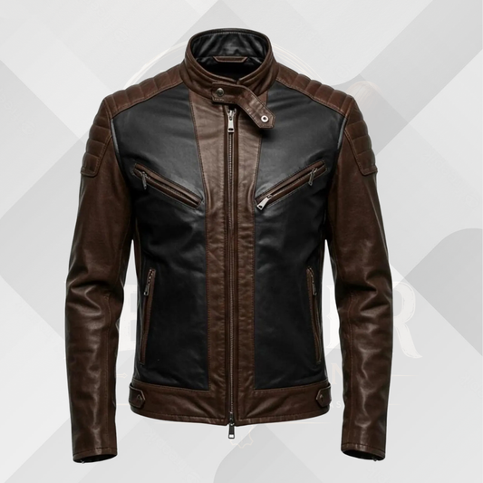 Men's Brown Black Leather Cafe Racer Jacket – Genuine Sheep Leather