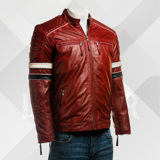 Men's Red Racing Biker Leather Jacket – Retro Slim Fit Style