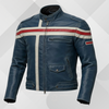 Men's Blue Leather Cafe Racer Jacket – Red White Stripe