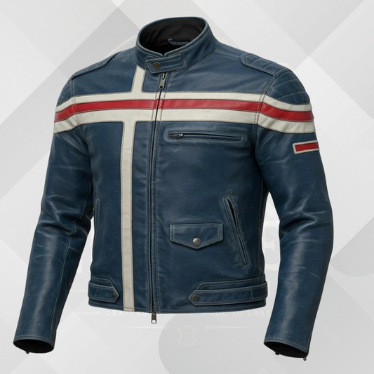 Men's Blue Leather Cafe Racer Jacket – Red White Stripe