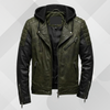 Men's Vintage Green Black Leather Jacket with Hood