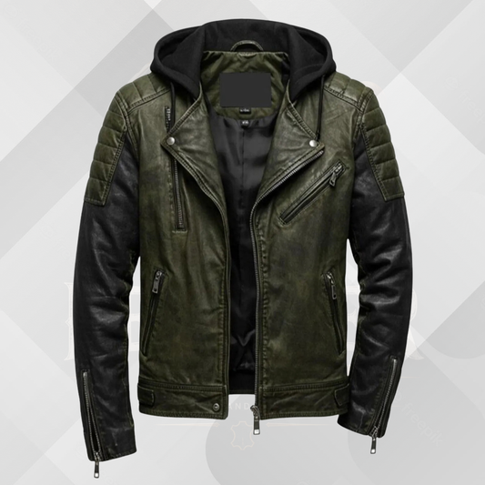 Men's Vintage Green Black Leather Jacket with Hood