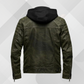 Men's Vintage Green Black Leather Jacket with Hood