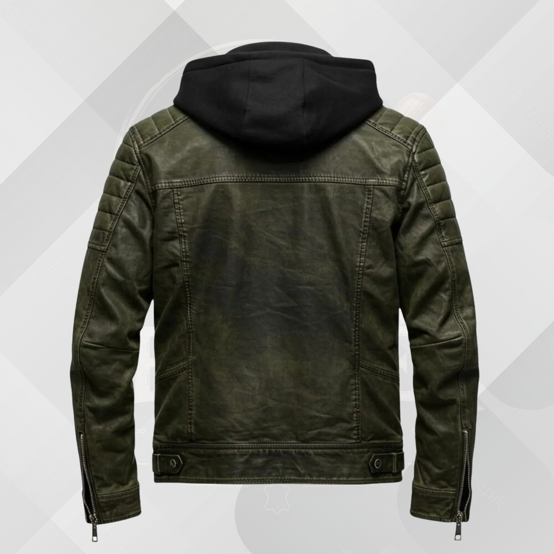 Men's Vintage Green Black Leather Jacket with Hood