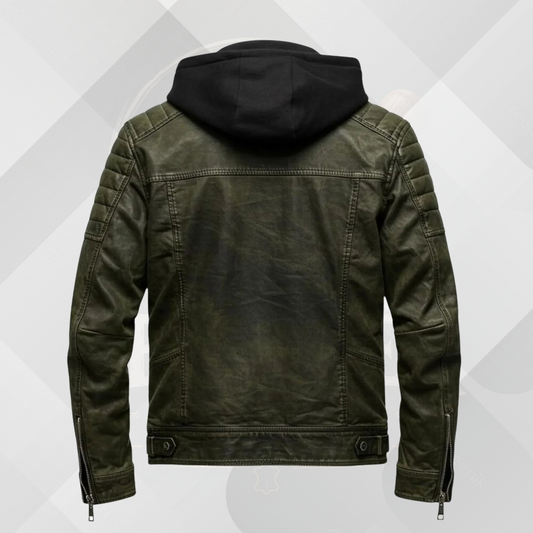 Men's Vintage Green Black Leather Jacket with Hood