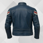 Men's Blue Leather Cafe Racer Jacket – Red White Stripe