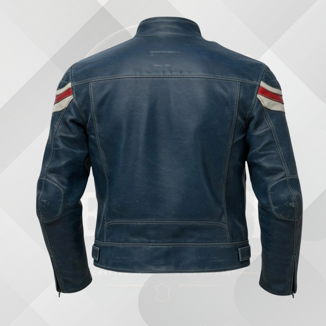 Men's Blue Leather Cafe Racer Jacket – Red White Stripe