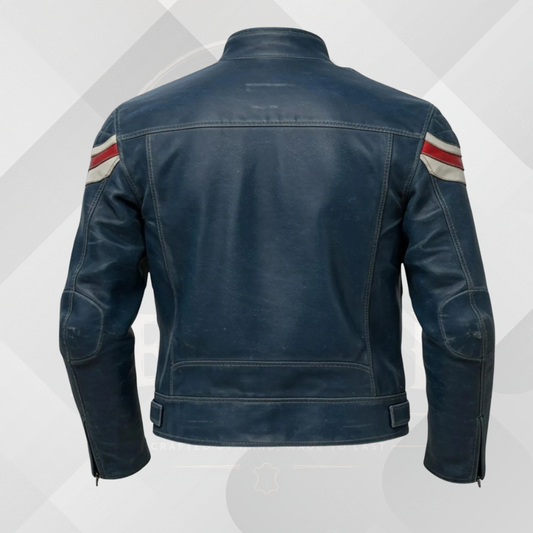 Men's Blue Leather Cafe Racer Jacket – Red White Stripe