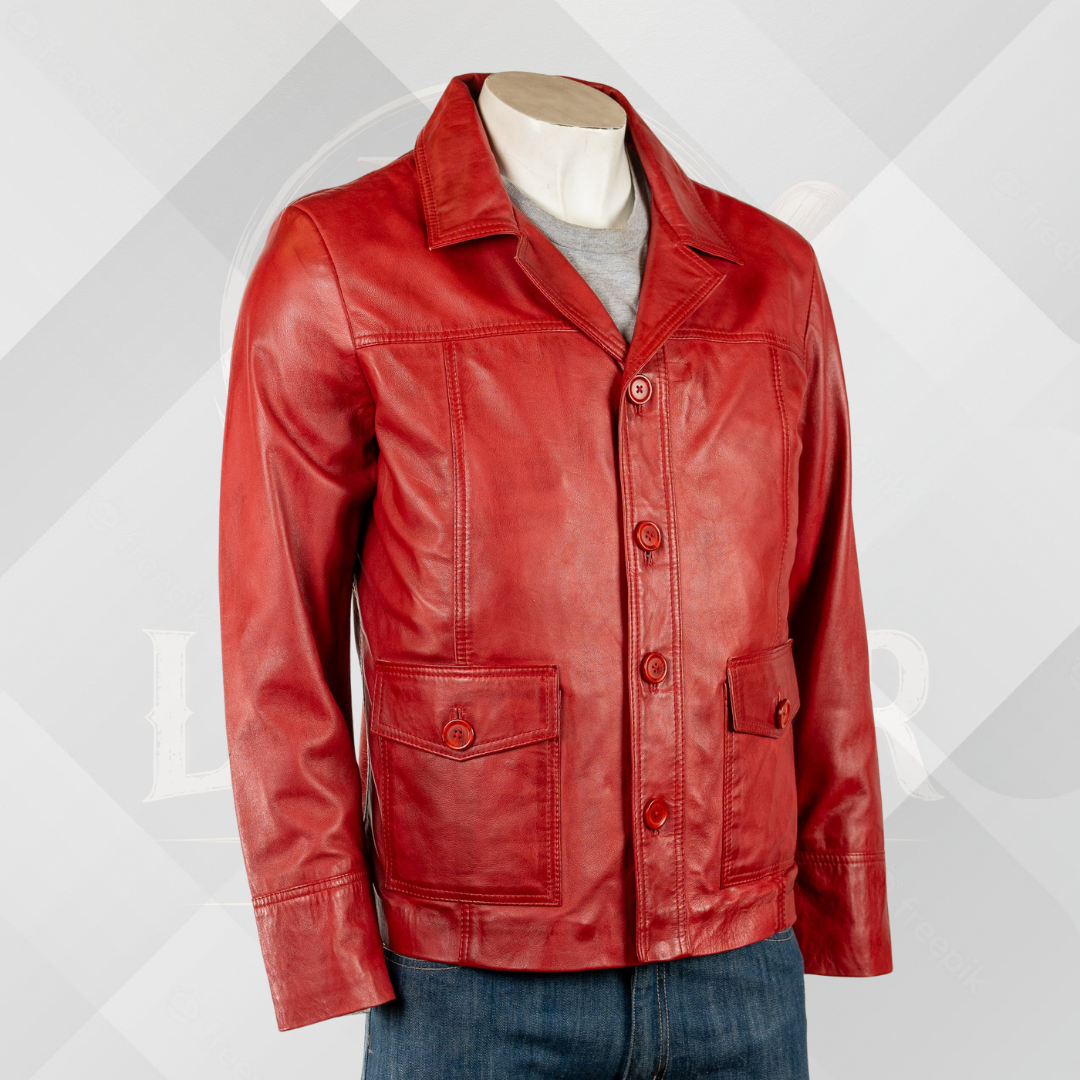 Men’s Red Genuine Leather Jacket – Classic Reefer Style Button Jacket