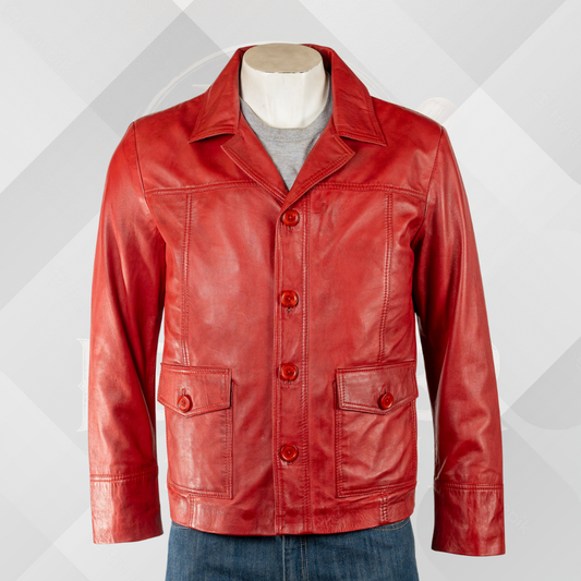 Men’s Red Genuine Leather Jacket – Classic Reefer Style Button Jacket