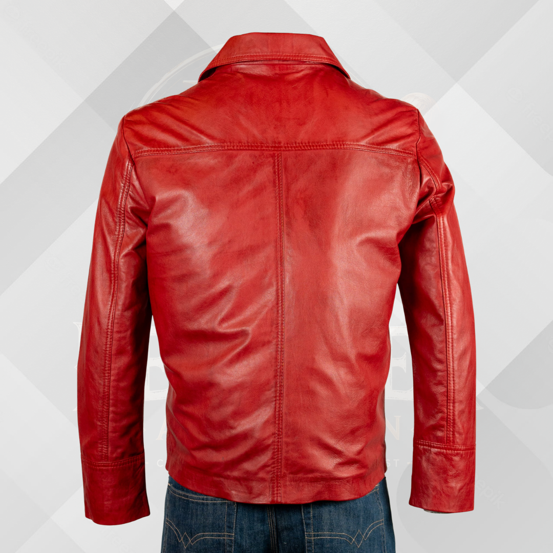 Men’s Red Genuine Leather Jacket – Classic Reefer Style Button Jacket