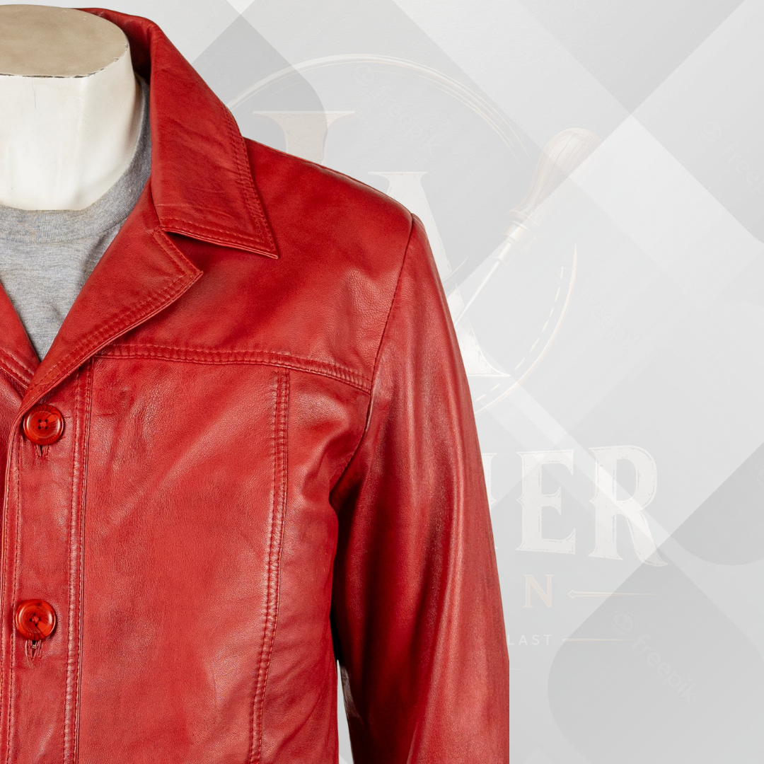 Men’s Red Genuine Leather Jacket – Classic Reefer Style Button Jacket