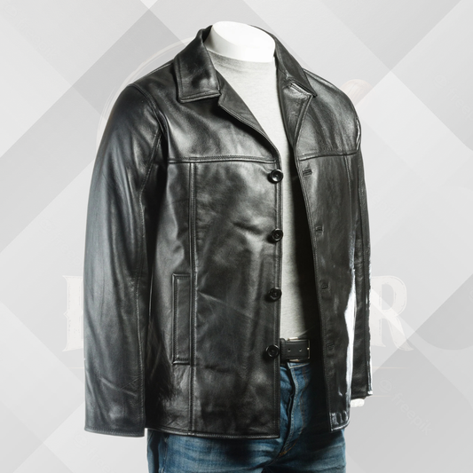Men’s Black Genuine Leather Reefer Jacket – Handmade Classic Fit