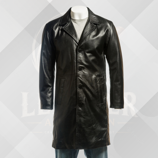 Men's Black Single Breasted Leather Trench Coat