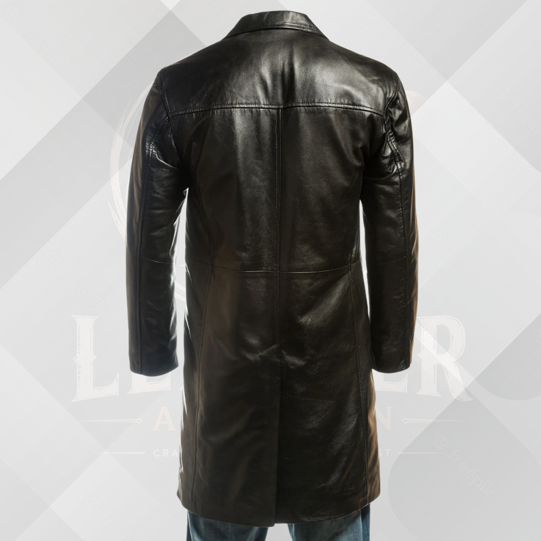 Men's Black Single Breasted Leather Trench Coat