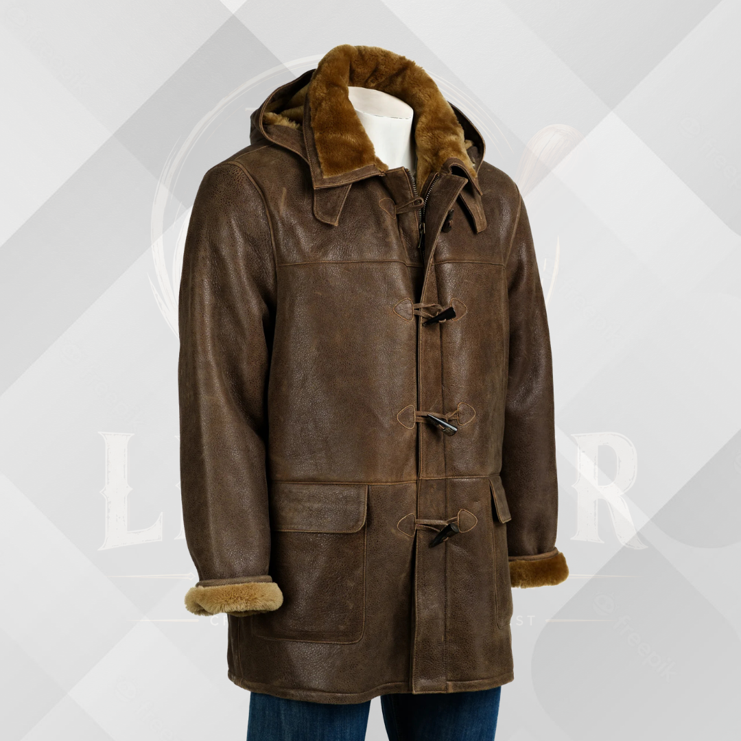 Men's Antique Camel Shearling Duffle Coat with Hood