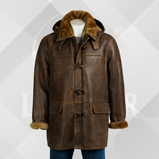 Men's Antique Camel Shearling Duffle Coat with Hood