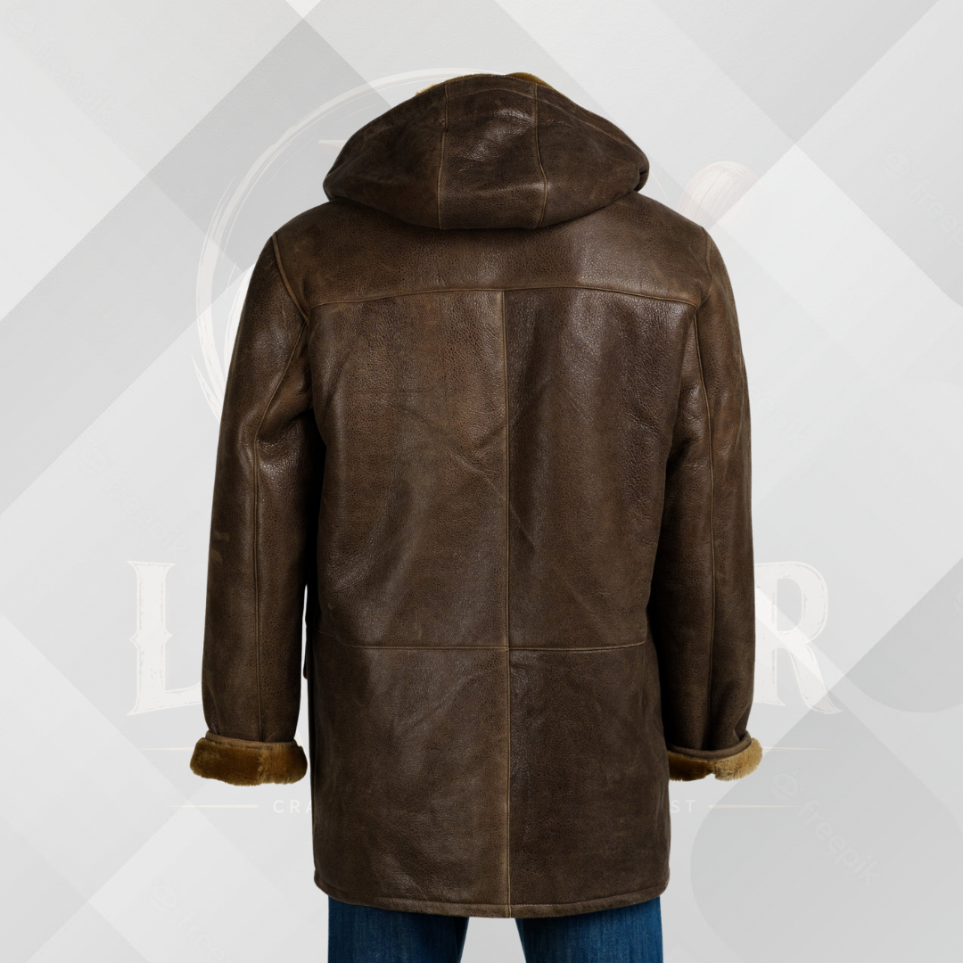 Men's Antique Camel Shearling Duffle Coat with Hood