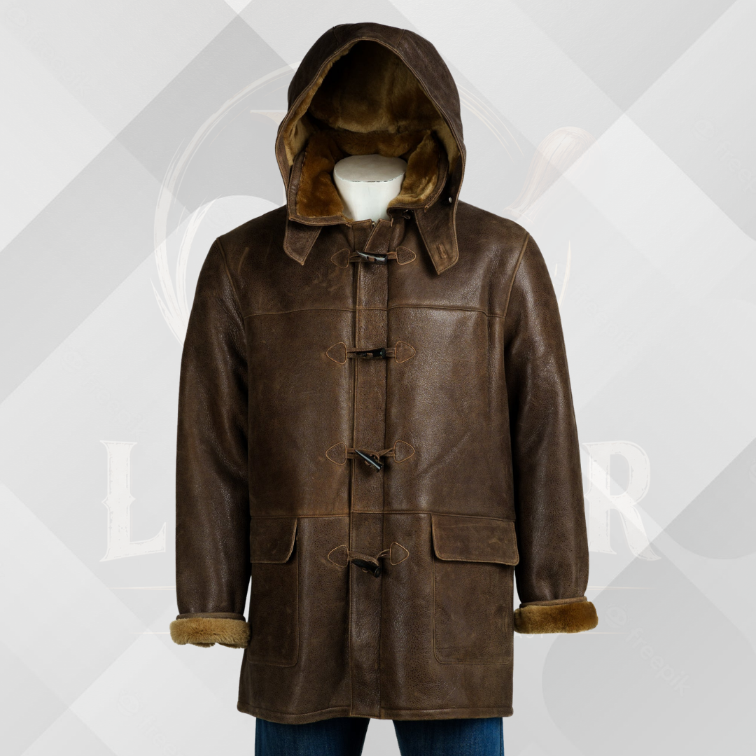 Men's Antique Camel Shearling Duffle Coat with Hood