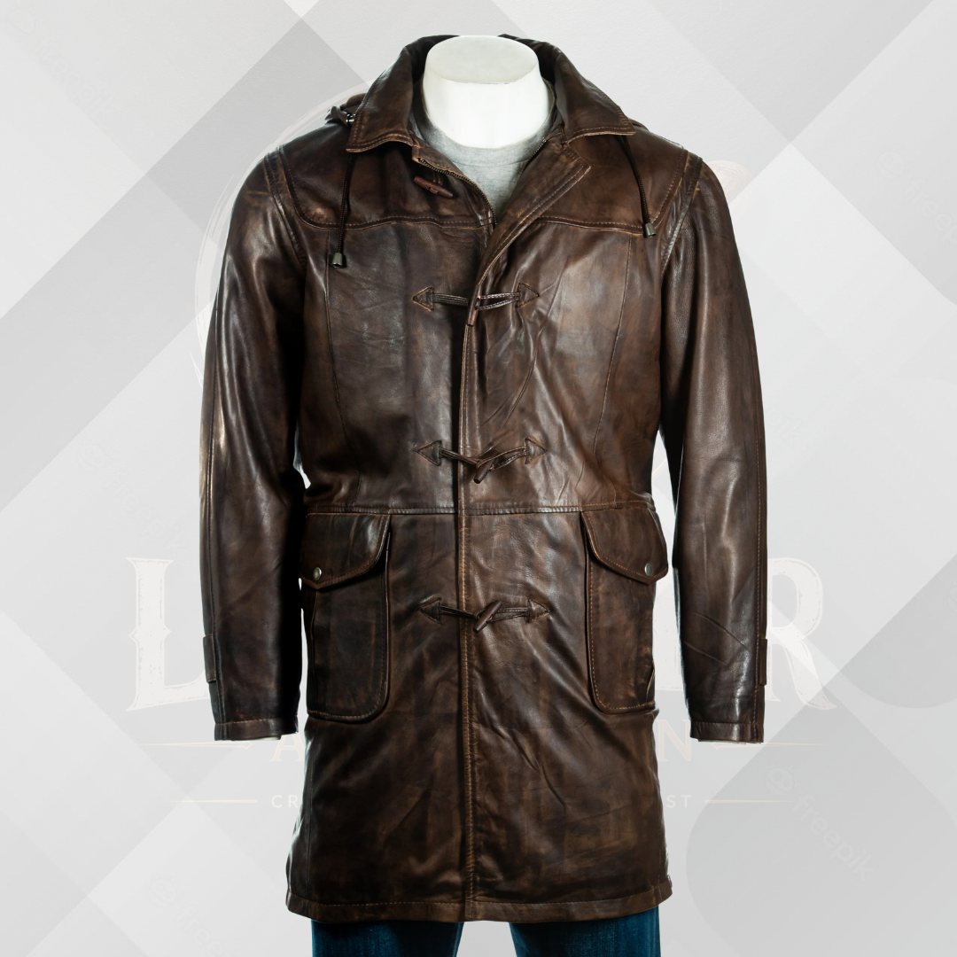 Men's 3/4 Dark Brown Leather Coat with Removable Hood