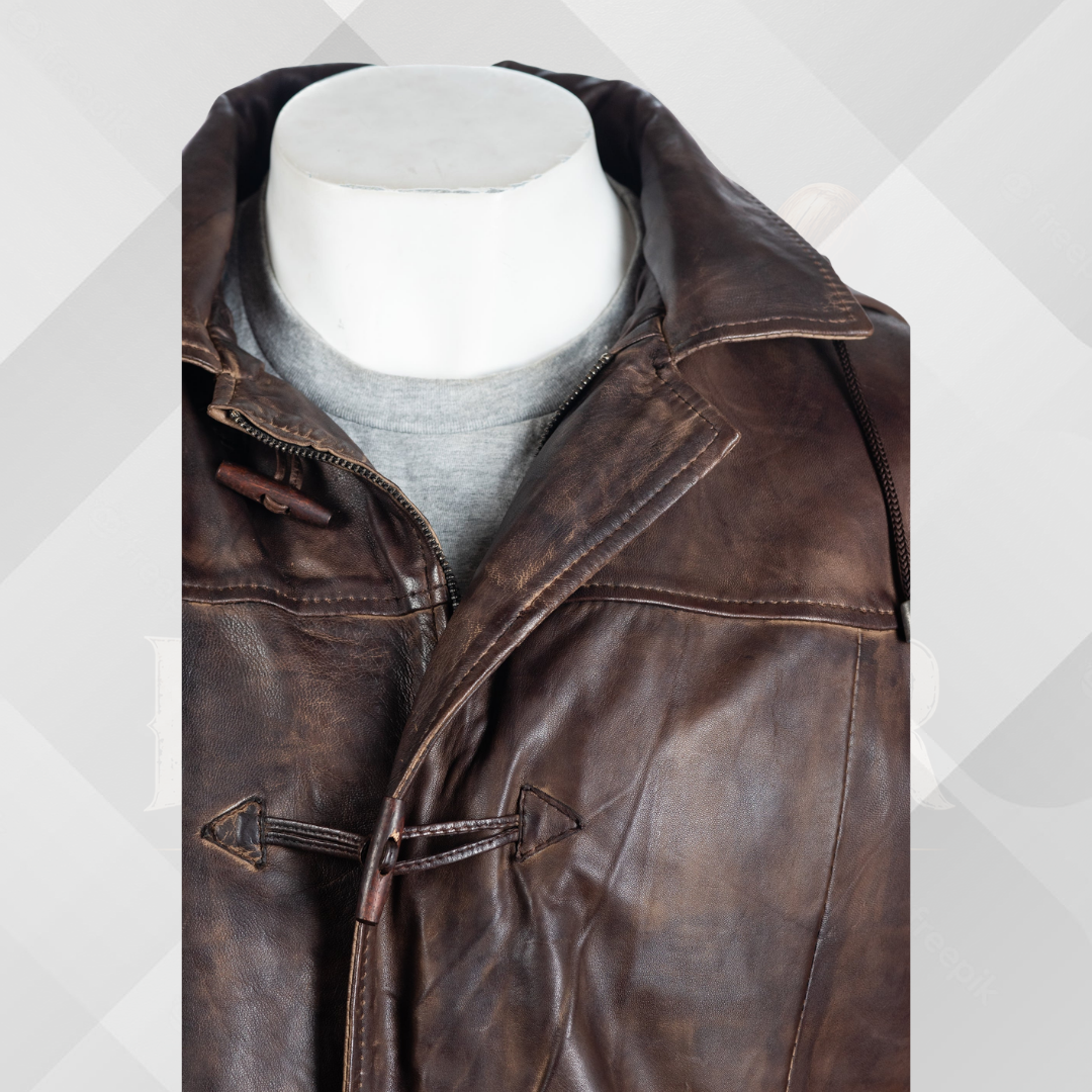 Men's 3/4 Dark Brown Leather Coat with Removable Hood