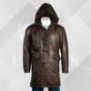Men's 3/4 Dark Brown Leather Coat with Removable Hood