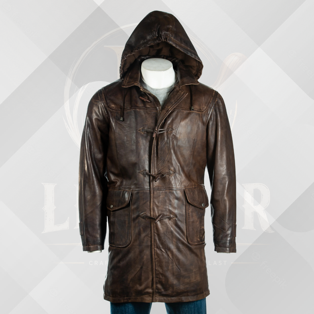 Men's 3/4 Dark Brown Leather Coat with Removable Hood