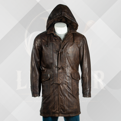Men's 3/4 Dark Brown Leather Coat with Removable Hood