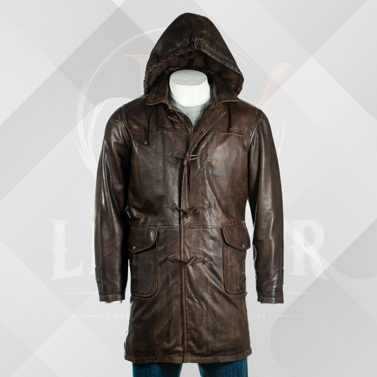 Men's 3/4 Dark Brown Leather Coat with Removable Hood