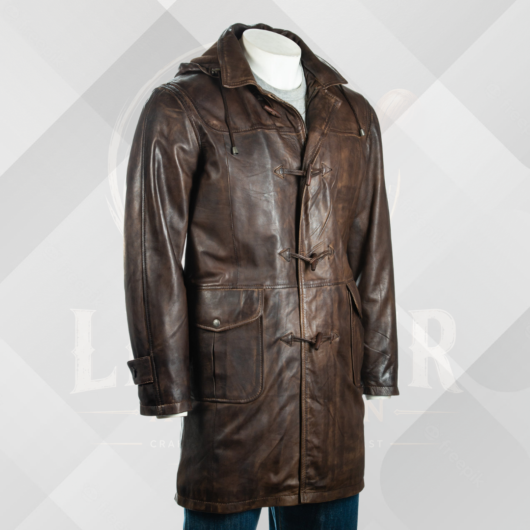 Men's 3/4 Dark Brown Leather Coat with Removable Hood