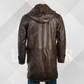 Men's 3/4 Dark Brown Leather Coat with Removable Hood