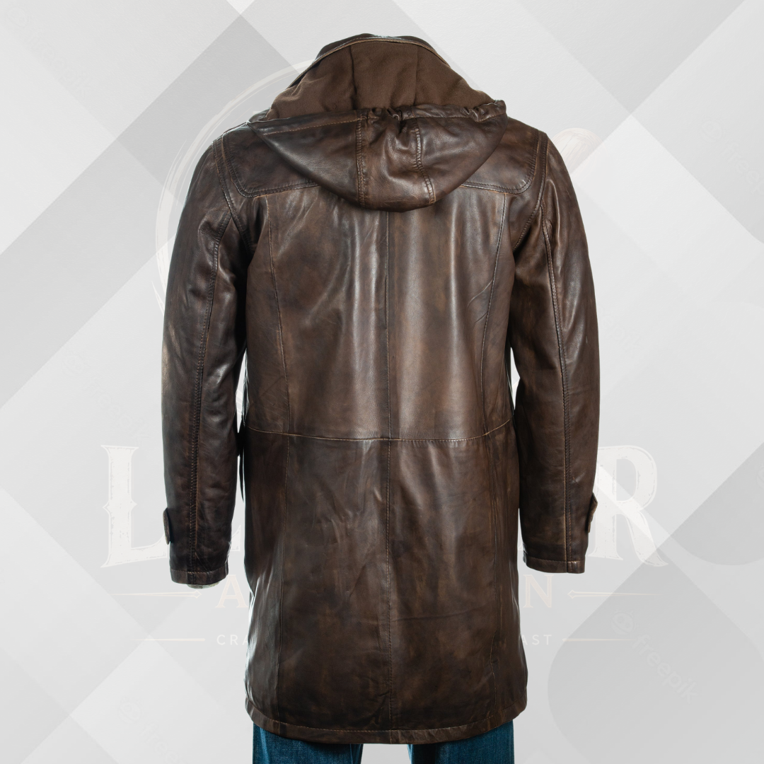 Men's 3/4 Dark Brown Leather Coat with Removable Hood