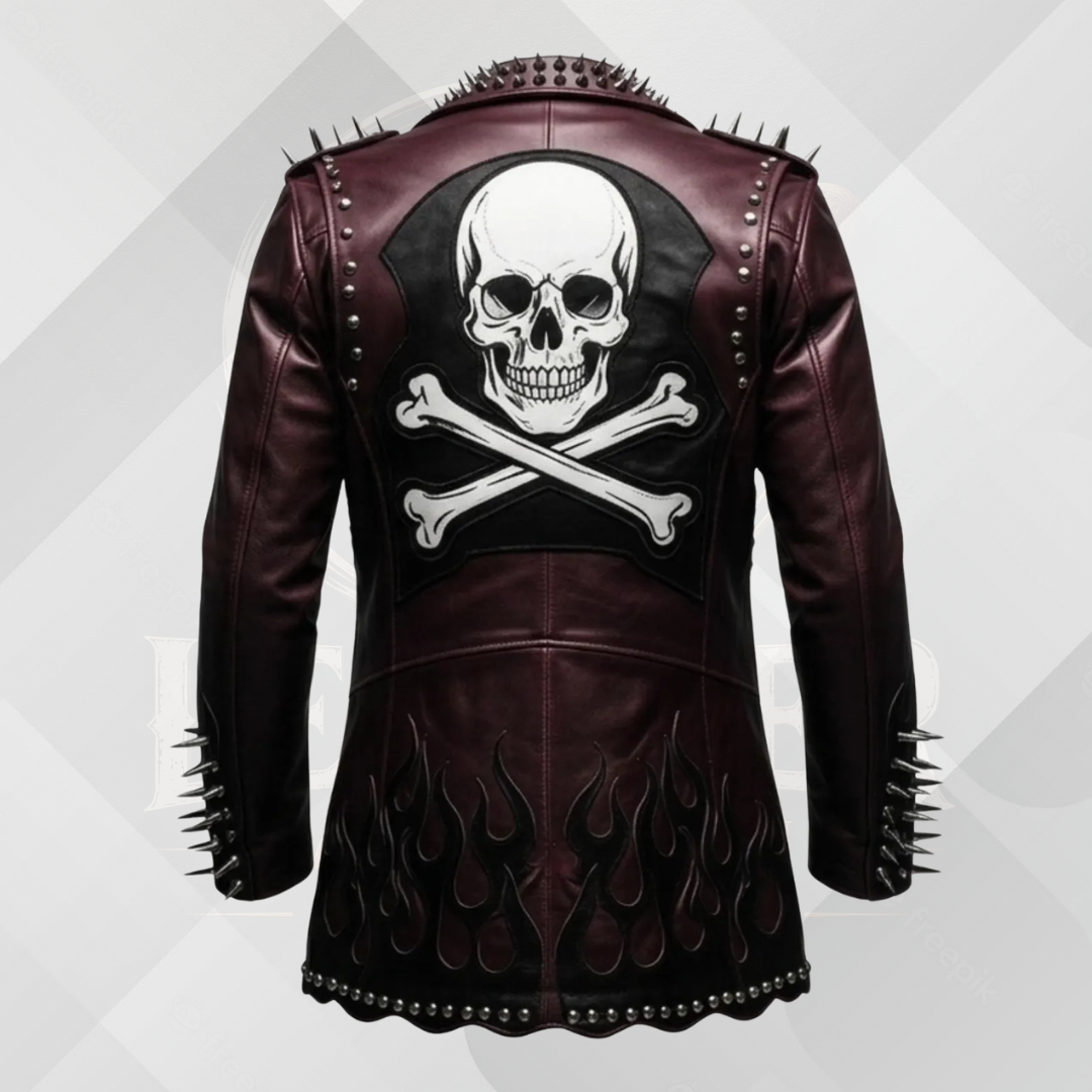 Men's Studded Skull Leather Biker Jacket – Handmade Burgundy & Black Punk Motorcycle Jacket