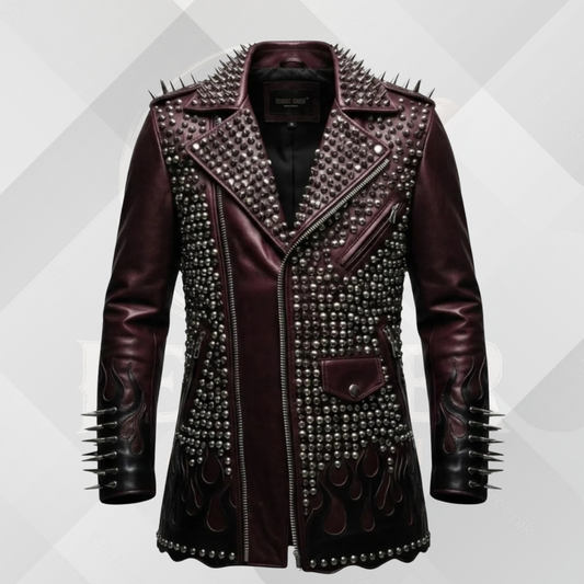 Men's Studded Skull Leather Biker Jacket – Handmade Burgundy & Black Punk Motorcycle Jacket