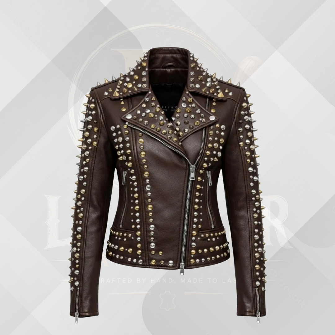 Men's Luxury Studded Leather Motorcycle Jacket – Black Punk Biker Coat with Gold Spikes