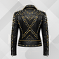 Men's Luxury Studded Leather Motorcycle Jacket – Black Punk Biker Coat with Gold Spikes