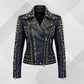 Men's Luxury Studded Leather Motorcycle Jacket – Black Punk Biker Coat with Gold Spikes