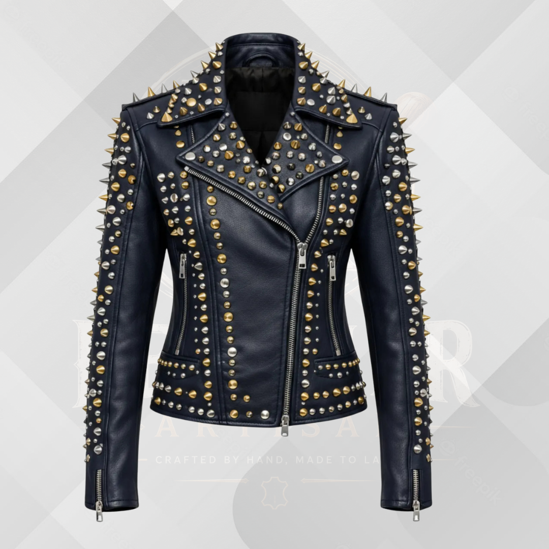 Men's Luxury Studded Leather Motorcycle Jacket – Black Punk Biker Coat with Gold Spikes