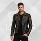 Men's Luxury Studded Leather Motorcycle Jacket – Black Punk Biker Coat with Gold Spikes