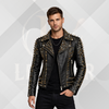 Men's Luxury Studded Leather Motorcycle Jacket – Black Punk Biker Coat with Gold Spikes